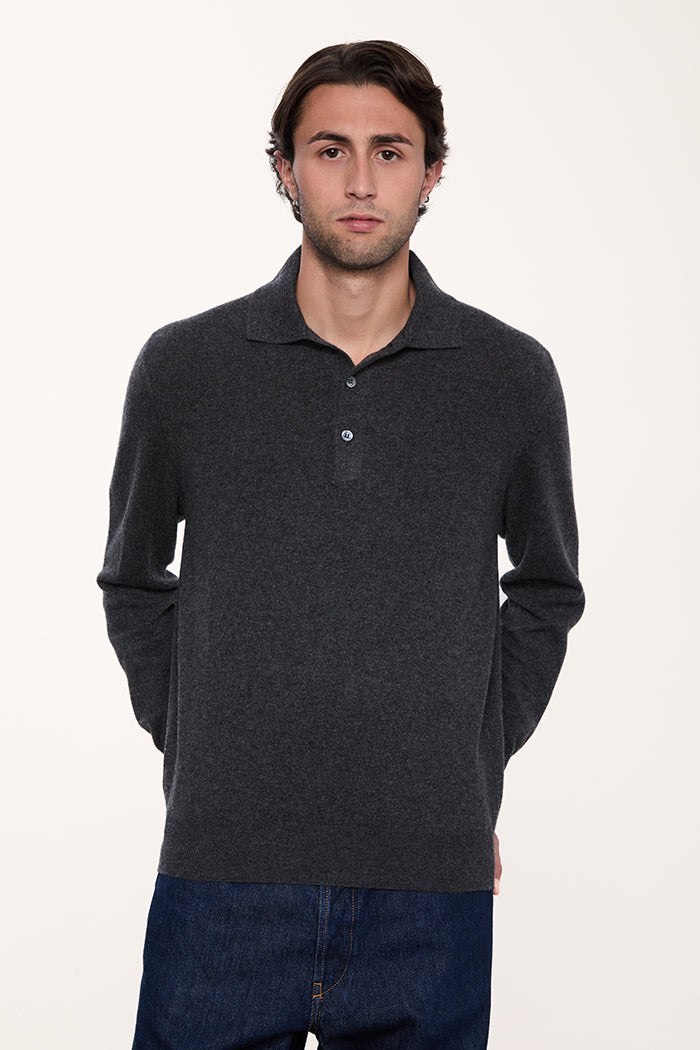 Maglione a polo in puro cashmere made in Italy da uomo, colore grigio antracite
