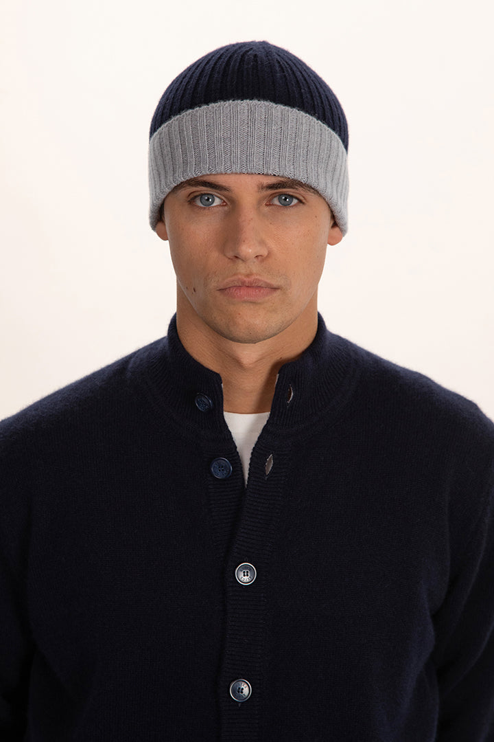 Cappello a coste bicolore in puro cashmere - Altex Cashmere