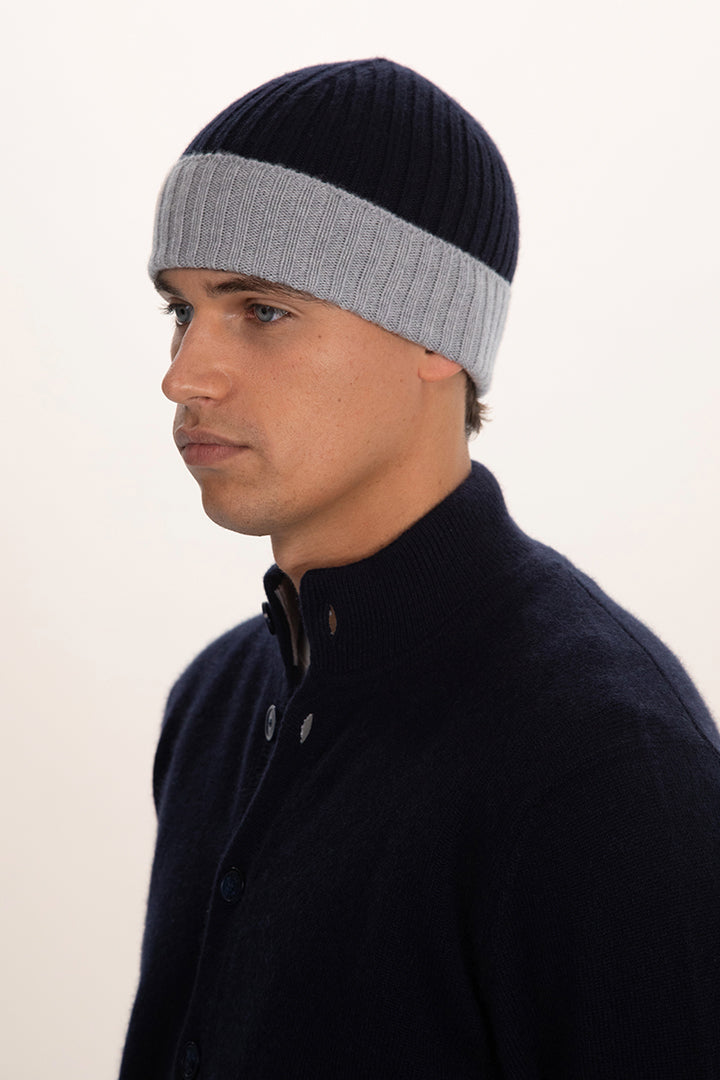 Cappello a coste bicolore in puro cashmere - Altex Cashmere