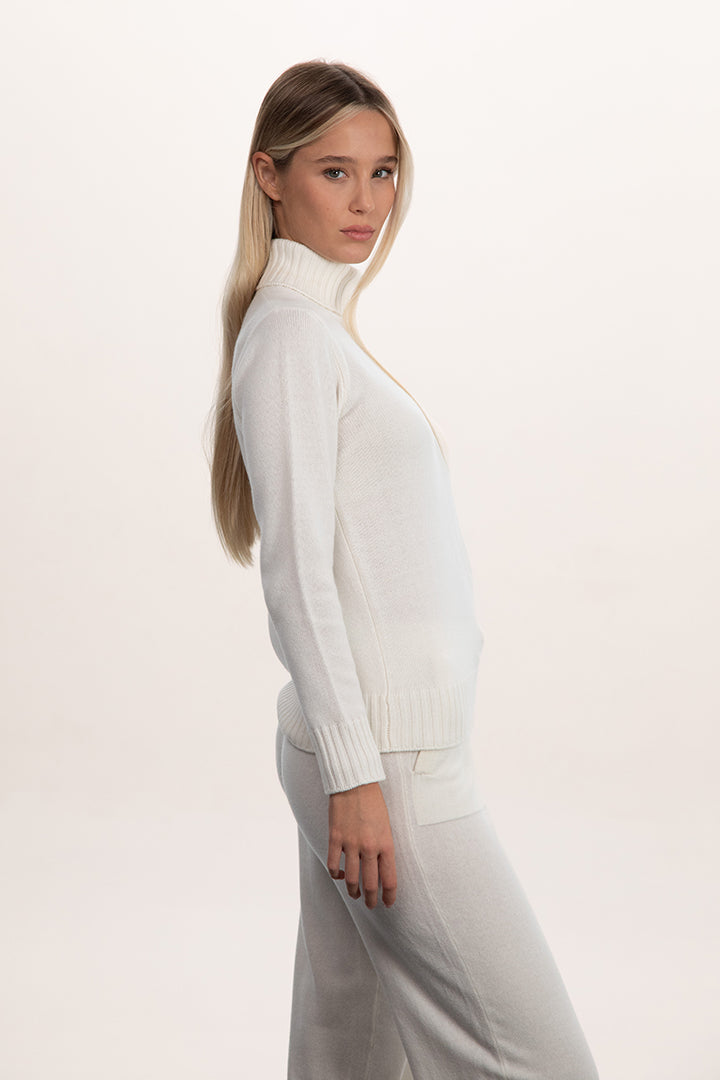 Collo alto doppio filo di cashmere donna laterale bianco