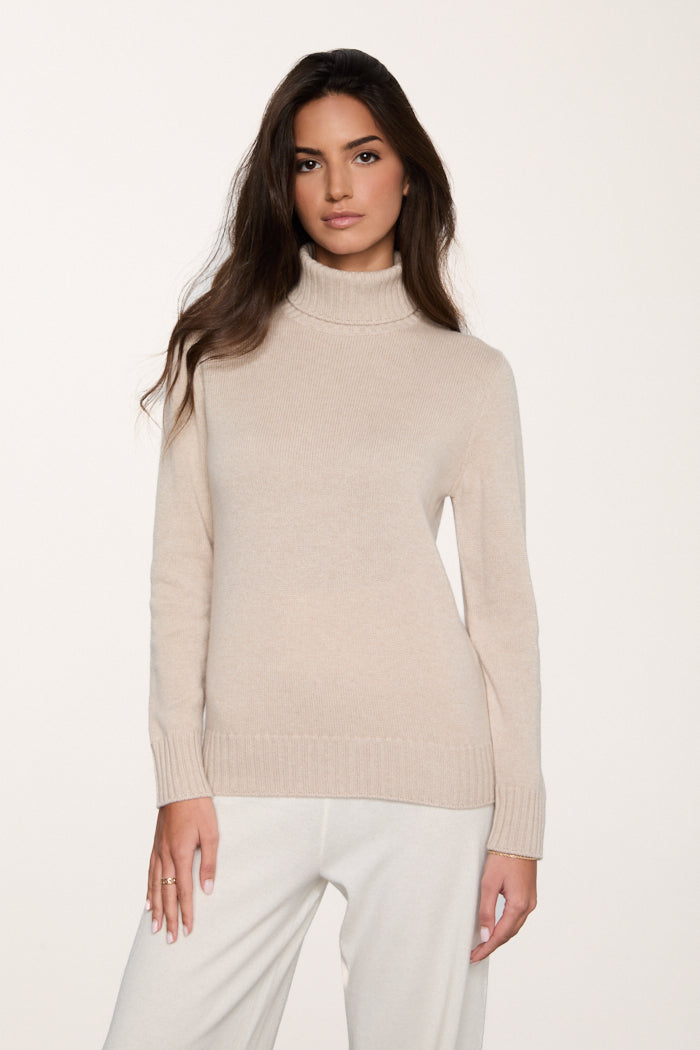 Caldo maglione a collo alto doppio filo di cashmere da donna colore beige