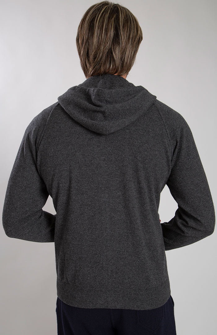 Felpa full zip con cappuccio 100% cashmere., color grigio scuro, dietro.